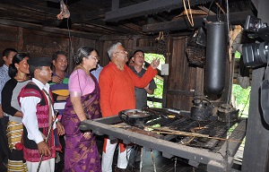 The Governor of Arunachal Pradesh Shri P.B. Acharya and State�s First Lady Smt Kavita Acharya visiting a local house in Kanjang Village, near Wakro in Lohit District on 5th  August 2017.